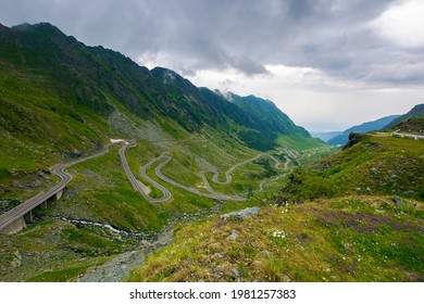 Serpentine Of Transfagarasan Road In Mountains Of Romania. Gorgeous Travel Destination In Dramatic Weathe