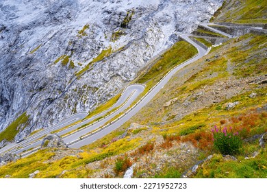 Serpentines of alpine mountain road to Stelvio Pass, Italian: Passo dello Stelvio, South Tyrol, Italian Alps, Italy