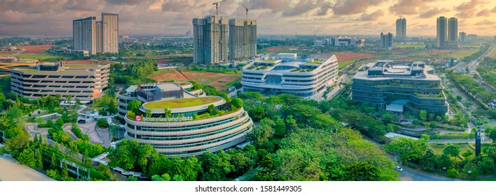 Serpong, Banten / Indonesia - July 21, 2019: Aerial View of Unilever Building at Green Office Park BSD