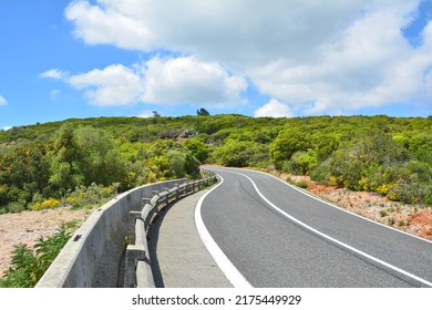 Serra Da Arrabida Road Through Hills Along The Coast.  Natural Landscape In Portugal