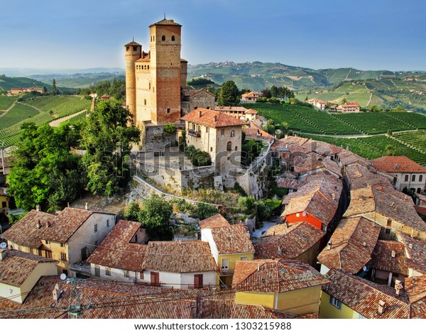 Serralunga d\'Alba castle, medieval village in\
Piedmont, north\
Italy
