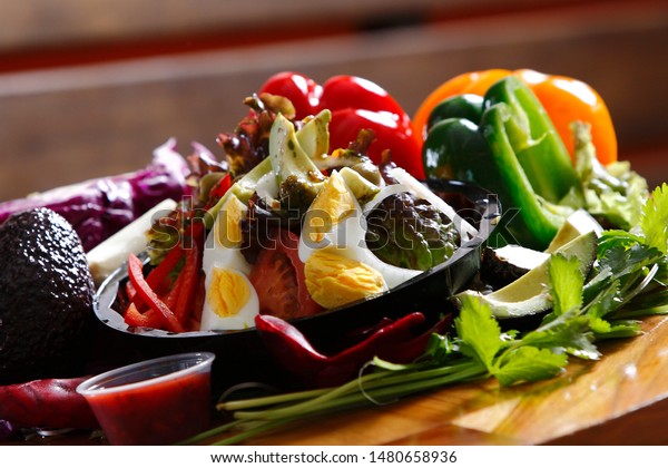 Serrano Ham Salad Turkey Ham Salami Food And Drink Stock Image 1480658936