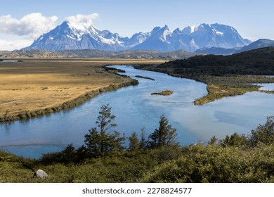 Serrano River and snowy mountains of Torres del Paine National Park in Chile, Patagonia, South America