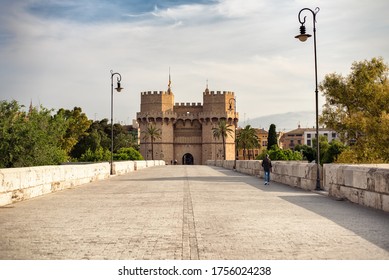 Serranos Towers In Valencia, Spain, From Puente De Serranos Bridge