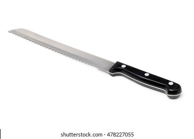 Serrated Bread Knife With Black Handle Over White Background