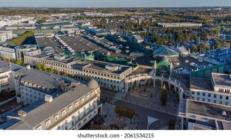 Serris, France - October 19 2021 : Aerial View Of The Val D'Europe Shopping Mall In Marne La Vallée, In The Eastern Suburbs Of Paris, France - Large Retail Space With A Supermarket At Disneyland Paris