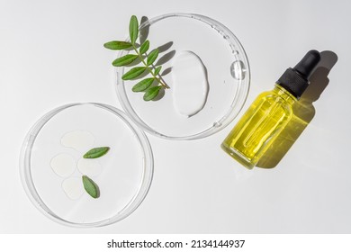Serum with pipette in petri dish and face cream smear on white background. Top view, flat lay. Dermatology science cosmetic laboratory. Natural medicine, cosmetic research, organic skin care products.