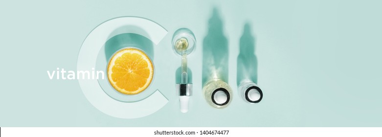 Serum With Vitamin C, Concept Design. Beauty Therapy, Body Care. Minimalism Flat Lay.