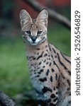 The serval (Leptailurus serval), wild cat lying in the grass in green. Small spotted African cat in the grass.