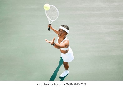 Serve, tennis player or black woman in sports game for match, workout or exercise on outdoor court. Hobby, ball or above of girl athlete with racket ready for playing, fitness training or practice - Powered by Shutterstock