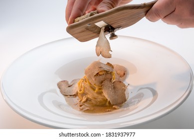 serve the white truffle from Alba in Italy with a slicer on a plate of tagliolini-spaghetti with egg