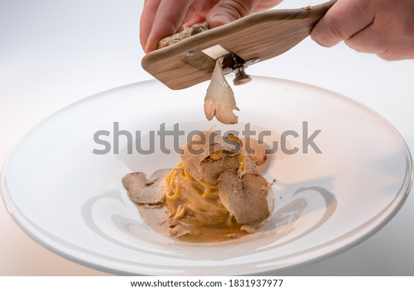 serve the white truffle\
from Alba in Italy with a slicer on a plate of tagliolini-spaghetti\
with egg