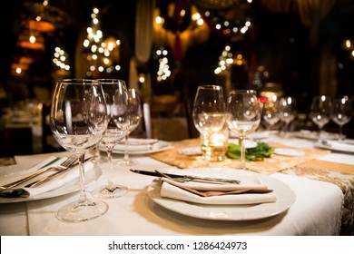 Served dinner table. Restaurant interior