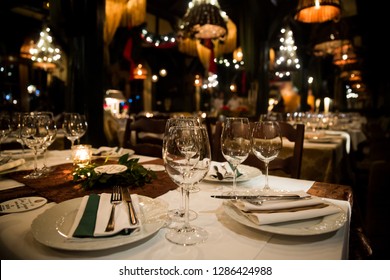 Served Dinner Table. Restaurant Interior