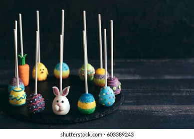 Served Easter Cake Pops On Dark Background With Blank Space 