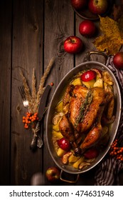 Served Roasted Stuffed Thanksgiving Turkey And Vegetables From Above And Blank Space. Fall Decoration.Style Rustic.