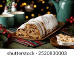 Served table with Stollen cake, tea cups and pot. German Christmas dessert, bread chock full of dried fruit, candied peel, and almonds. Festive lights, tree and decoration.