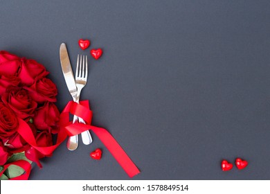 Served Table For Valentines Dinne With Fork And Knife, Top View With Copy Space