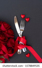 Served Table For Valentines Dinne With Fork And Knife, Top View