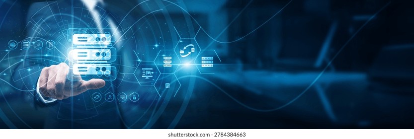 Server admin hand touch console hosting service dashboard, uptime reliability storage configuration domains bandwidth optimization virtualization security accessibility deployment.