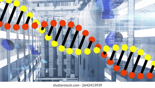 Server aisle hosting network equipment in data center, with stylized DNA helix and digital overlays. Technology, cybersecurity, innovation, digital, infrastructure, futuristic, connectivity