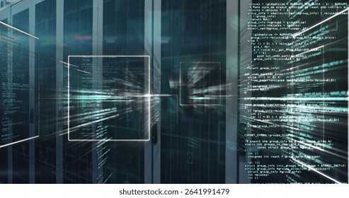 Server cabinets displaying streaming code overlays in data center, with floating wireframe square. Technology, cybersecurity, digital, futuristic, innovation, data analytics, network