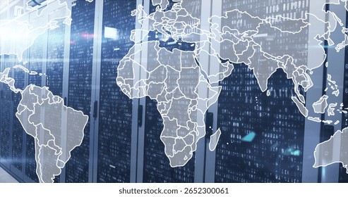 Server cabinets glowing with LED lights in data center, with binary streams and world map overlay. Technology, cybersecurity, data, infrastructure, futurism, digital, network