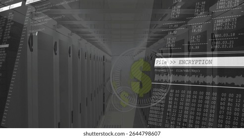 Server cabinets glowing under fluorescent lights in data center, displaying encryption overlays. Technology, cybersecurity, digital, infrastructure, networking, data, protection