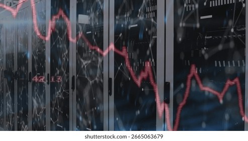 Server cabinets with lights and cables lining data center, showing red graph overlay on shiny floor. Technology, data, cybersecurity, digital infrastructure, networking, innovation, industry