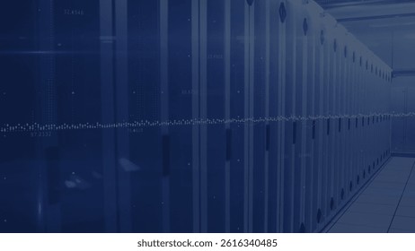 Server cabinets are lining data center aisle in flat tech design with status lights and overlay. Technology, infrastructure, cybersecurity, data management, digital, networking, modern