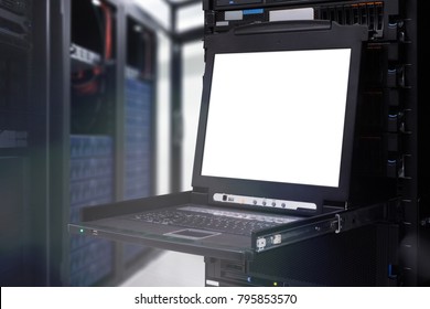 Server computer blank KVM display in the modern interior of data center. Super Computer, Server Room.