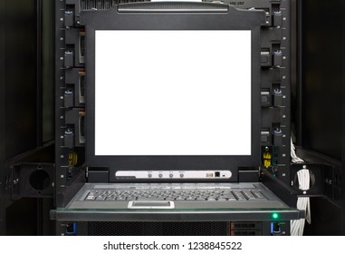 Server computer KVM computer display on white color in data center, Server Room with text area.