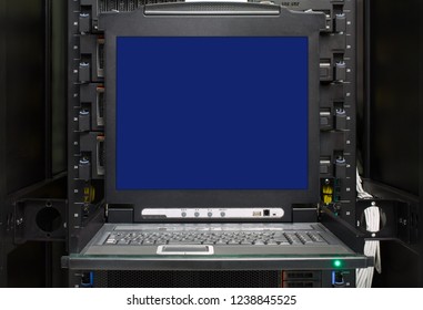 Server computer KVM computer display on blue color in data center, Server Room with text area.