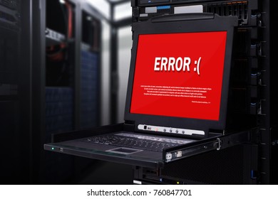 Server computer KVM display show "error" messages on screen in the modern interior of data center. Super Computer, Server Room.