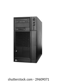 Server Computer Tower In Black Color Isolated On White Background.