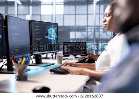 Server farm admin doing AI research, creating and implementing algorithms that aim to mimic human brain neural processes. Data center worker using artificial intelligence computational models