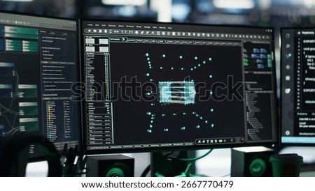 Server farm computer systems controlling network resources through node tree programming software. Visual programming tools on PC screens enabling streamlined data processing, close up