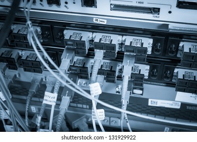 server with fiber optic  cables in data center