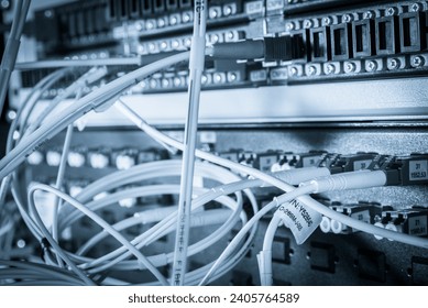 server with fiber optic  cables in data center