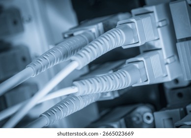 server with fiber optic  cables in data center