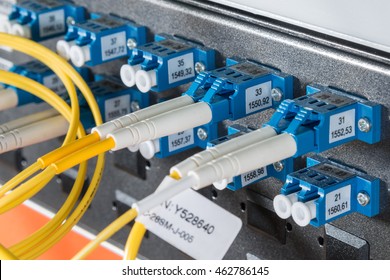 server with fiber optic  cables in data center