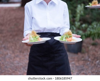 Server Holding Plated Salmon For Private Dinner Party Outside