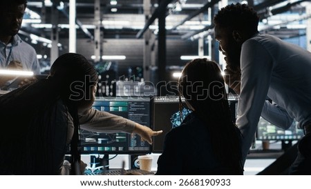 Server hub engineering team working together, using node tree software to optimize system health. Data center teamworking colleagues brainstorming equipment issues using AI visualization, camera B