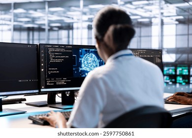 Server hub IT expert using AI systems to input data faster during complex computational tasks. African american woman in data center using artificial intelligence parallel processing tech - Powered by Shutterstock - Get 15% off with code: PIKWIZARD15