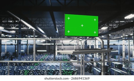Server hub green screen computer monitoring systems processing deep learning datasets for AI workflows. PC chroma key displays tracking hardware supporting artificial intelligence model development