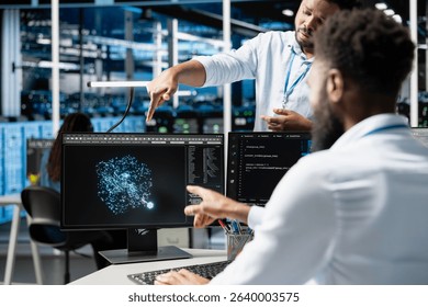Server hub manager supervising engineer using AI algorithms categorizing and clustering unstructured data. Data center supervisor overseeing worker using Natural Language Processing tech