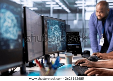 Server hub worker creating AI systems high performance computing engine on PC. System administrator in data center developing artificial intelligence capable of producing human cognitive abilities