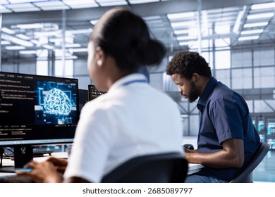 Server hub workspace IT professional using AI systems to input data faster and solve complex computational tasks. Data center worker using artificial intelligence parallel processing technology