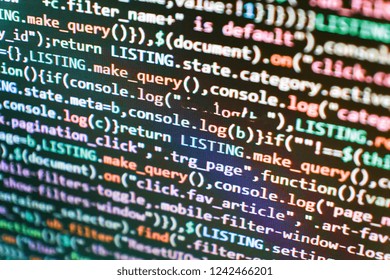 Server logs analysis. Cyber space concept. Hacker background. Php coding Close-Up. Javascript abstract computer script, random parts of program code. Abstract IT technology background.  