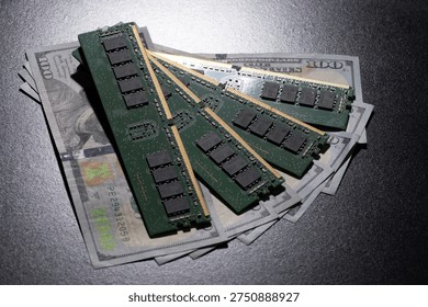 Server memory modules on US dollar bills. Workstation memory and DDR RAM cost. Memory upgrade concept with money. DDR server memory and expenses. Concept with RAM and cash.